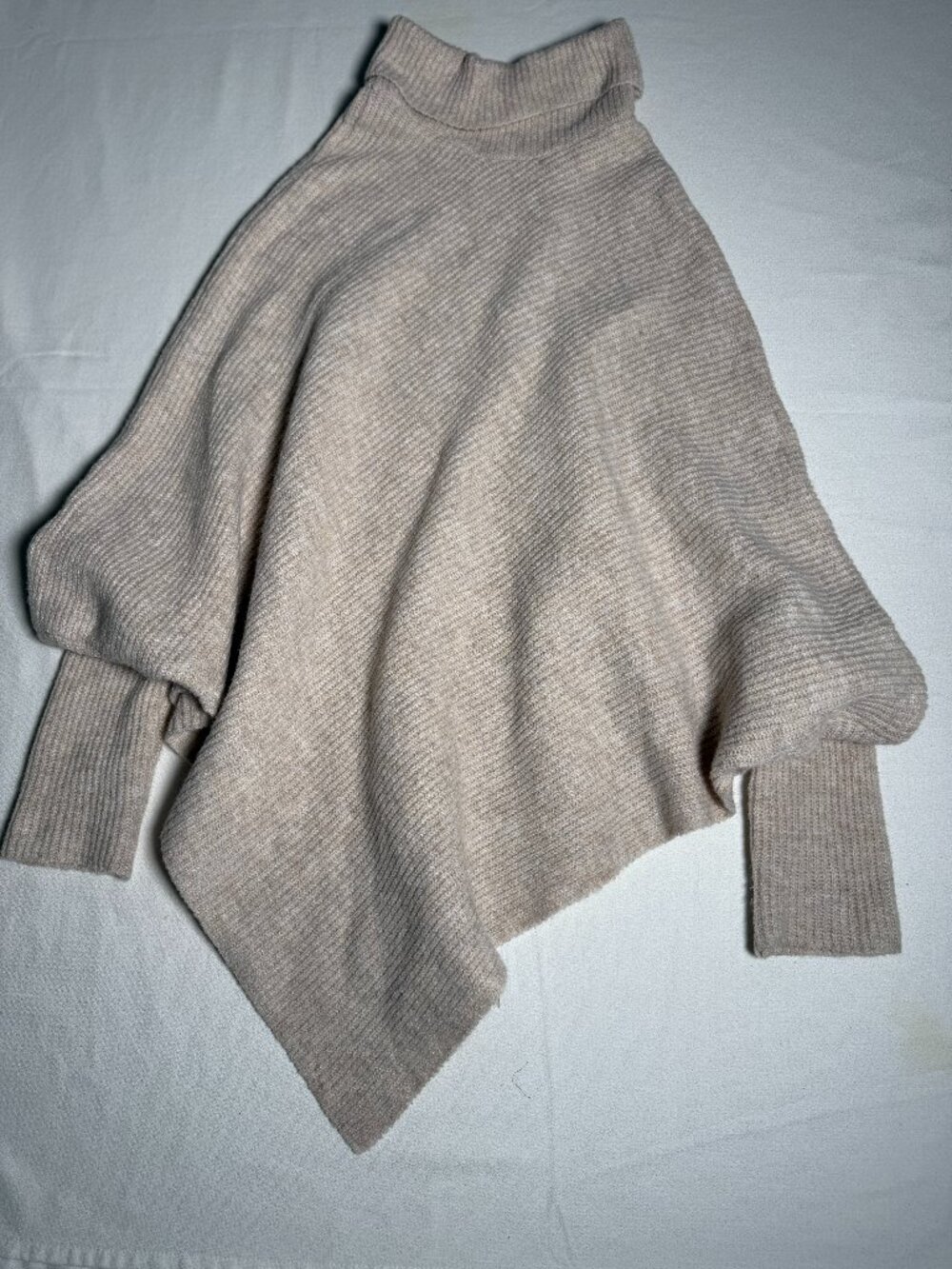Women's Asymmetrical Turtleneck Poncho Push-up sleeves Beige Size S Polyester